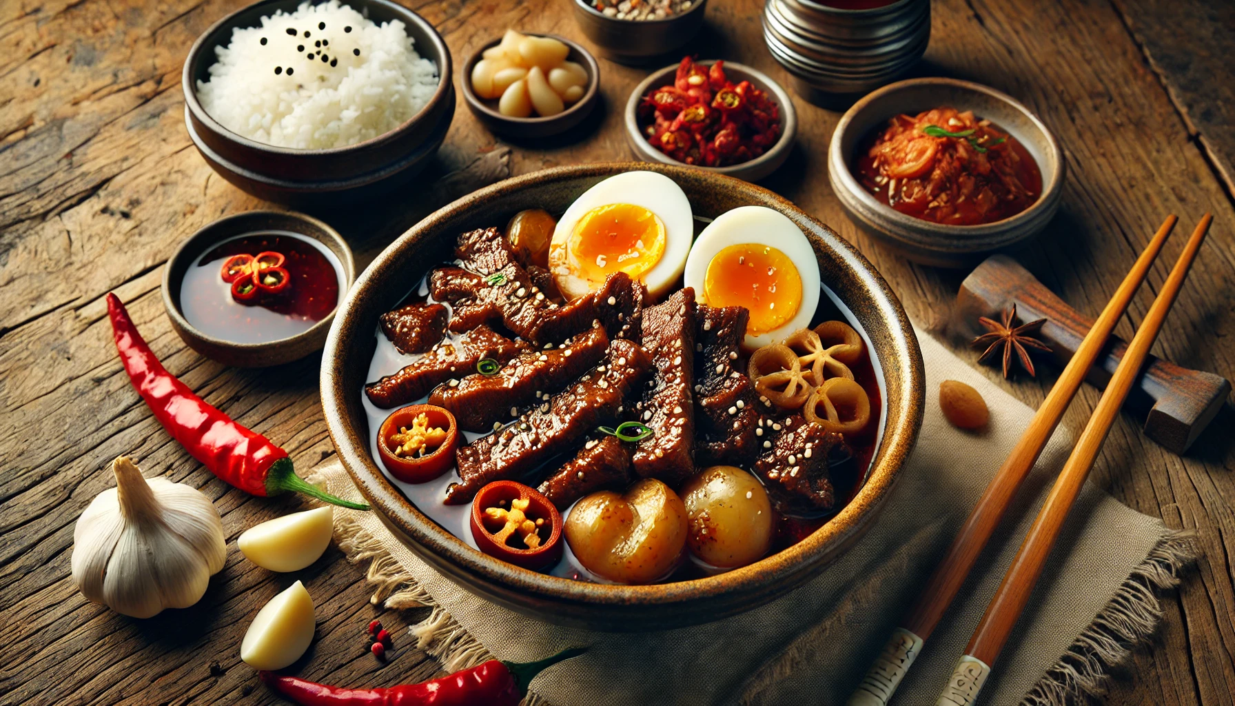 This image depicts a horizontal view of traditional Korean Jangjorim, featuring tender strips of soy-braised beef served in a rustic ceramic bowl. The dish includes boiled eggs, sliced chili peppers, and garlic, all soaked in a savory soy-based sauce. The bowl is placed on a wooden table, accompanied by a small bowl of steamed rice, chopsticks, and subtle Korean side dishes in the background, creating a warm and authentic Korean dining atmosphere. 