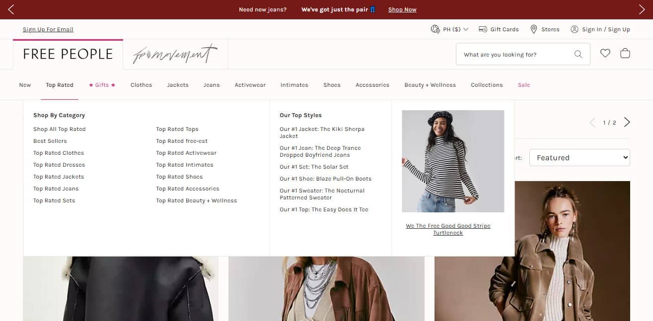 The Free People website highlights an array of vegan leather clothing options, emphasizing trendy and sustainable fashion choices.