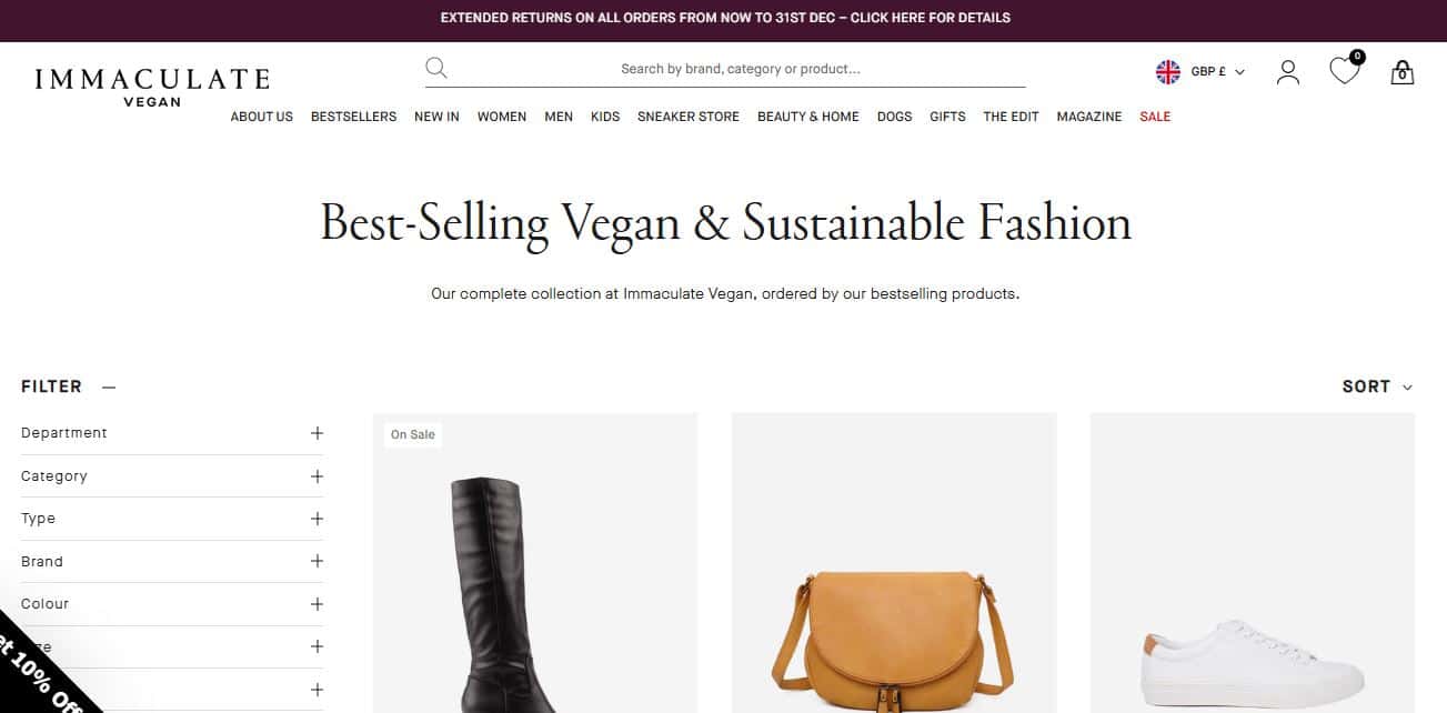 An overview of Immaculate Vegan website, highlighting popular vegan leather products within a sustainable fashion ecommerce platform.