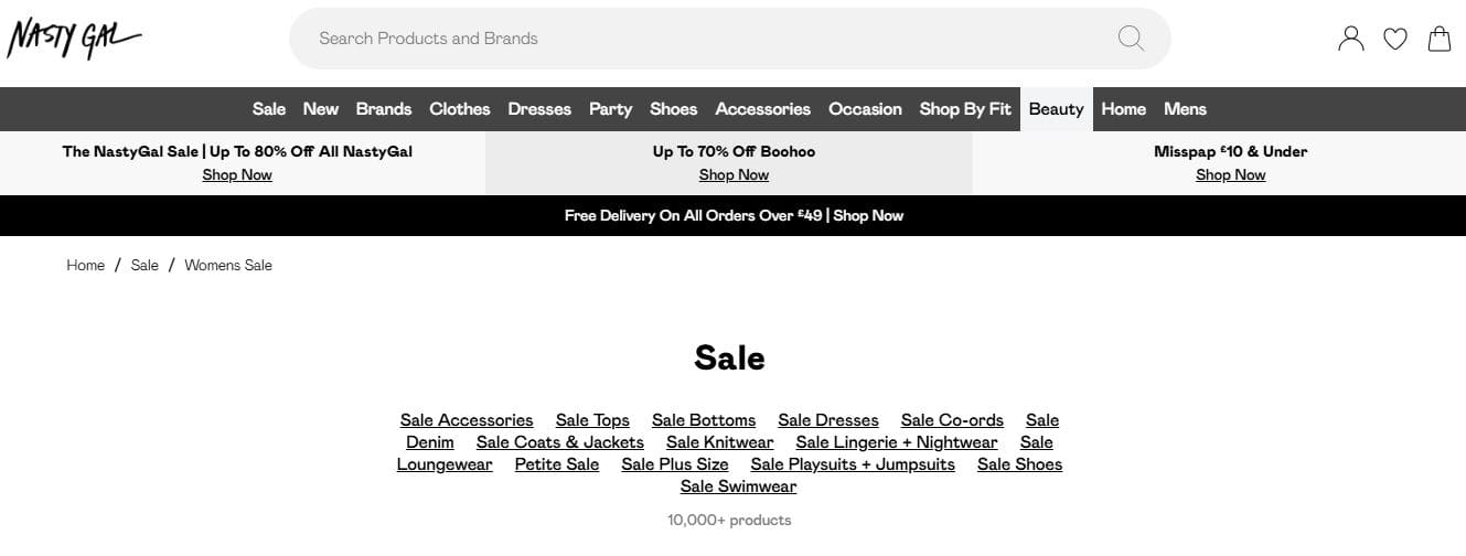 Display of the Nasty Gal website featuring a promotion for vegan leather fashion products.