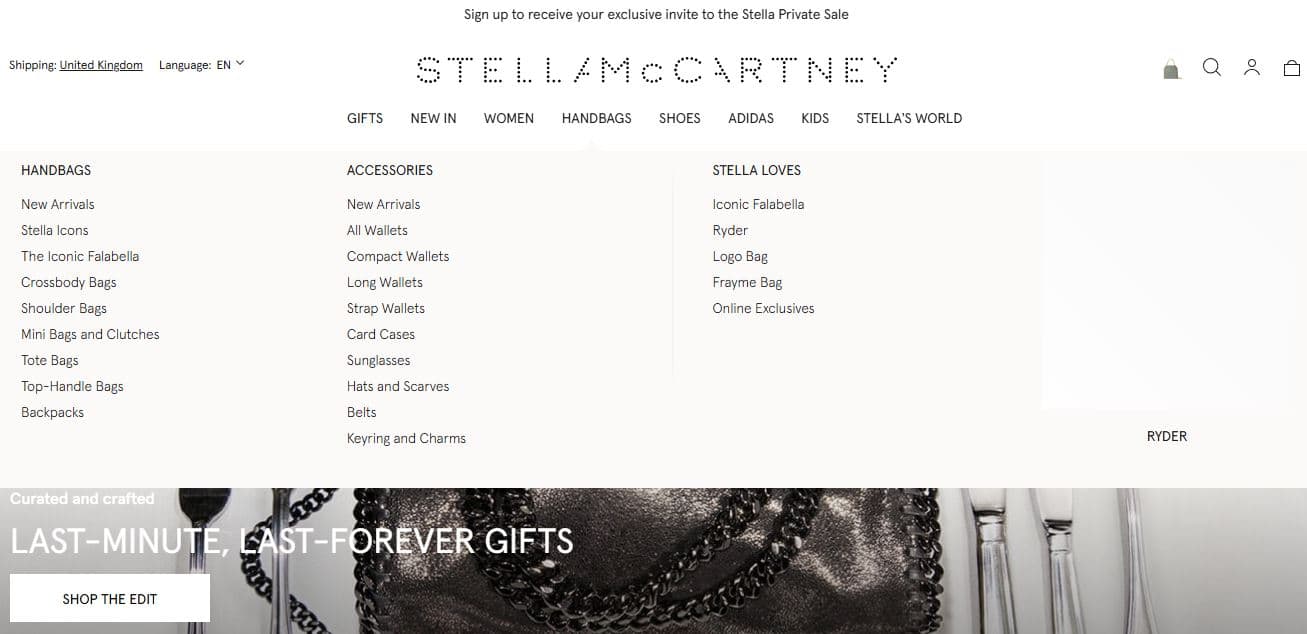 Stella McCartney's website displaying a selection of vegan leather handbags and additional fashion accessories. 