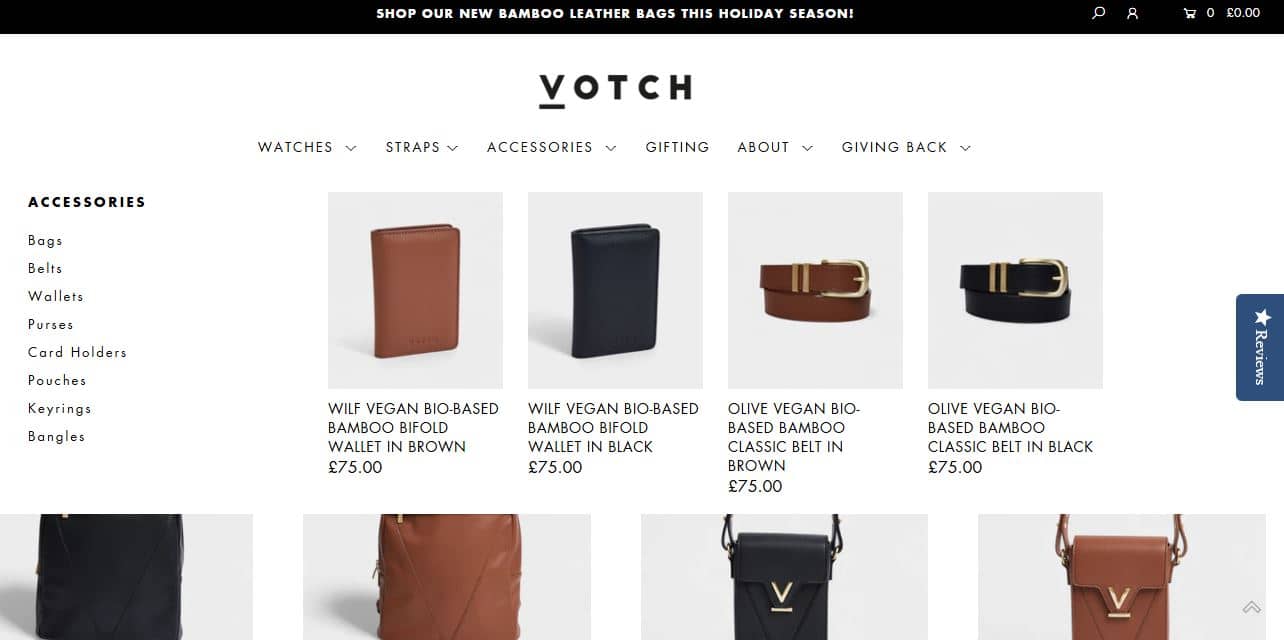 The Votch website displays a variety of vegan leather fashion bags and accessories for eco-conscious consumers.