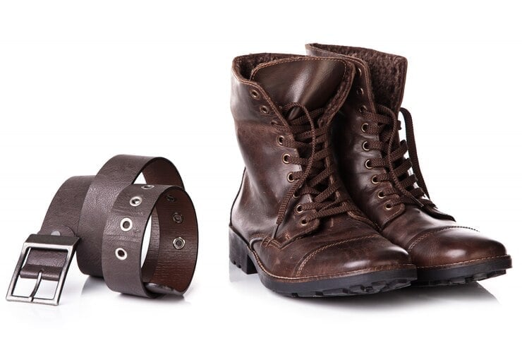 Brown leather boots and belt displayed on a white background, showcasing the latest vegan leather fashion trends for 2025.