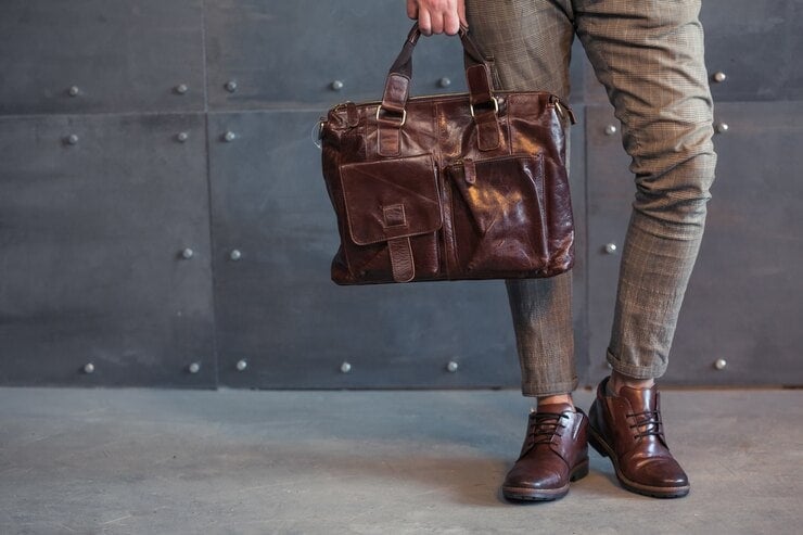 A man dressed in brown boots and pants carries a brown vegan leather bag, highlighting eco-friendly fashion choices for 2025.