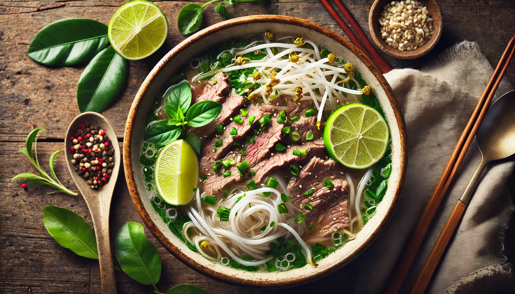 This mouthwatering close-up image features a bowl of authentic Vietnamese Pho, highlighting tender slices of beef, fresh herbs, and a garnish of bean sprouts and lime wedges. The vibrant colors and rustic presentation on a wooden table set the perfect ambiance for this iconic dish. The inclusion of peppercorns and other fresh ingredients completes the visual appeal, making it an inviting representation of Vietnam's culinary heritage.