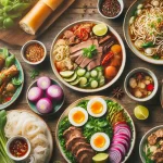 This is a vibrant image showcasing a variety of Vietnamese dishes arranged on a rustic wooden table. The dishes include bowls of steaming Pho, Bun Cha, and other iconic Vietnamese foods, garnished with fresh herbs, lime wedges, and colorful vegetables, emphasizing the diverse and fresh nature of Vietnamese cuisine.