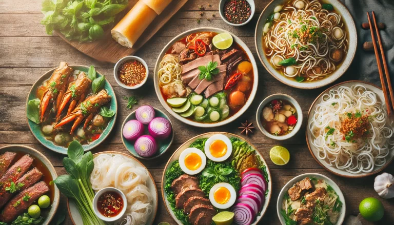 This is a vibrant image showcasing a variety of Vietnamese dishes arranged on a rustic wooden table. The dishes include bowls of steaming Pho, Bun Cha, and other iconic Vietnamese foods, garnished with fresh herbs, lime wedges, and colorful vegetables, emphasizing the diverse and fresh nature of Vietnamese cuisine.