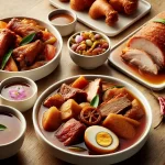 A vibrant and appetizing spread of traditional Filipino dishes arranged on a wooden table. The image showcases richly flavored dishes like pork adobo, crispy pork belly, and other stews accompanied by bowls of rice and dipping sauces. The food is garnished with fresh herbs, and chili peppers add a touch of spice to the presentation.
