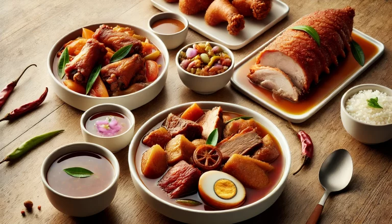 A vibrant and appetizing spread of traditional Filipino dishes arranged on a wooden table. The image showcases richly flavored dishes like pork adobo, crispy pork belly, and other stews accompanied by bowls of rice and dipping sauces. The food is garnished with fresh herbs, and chili peppers add a touch of spice to the presentation.