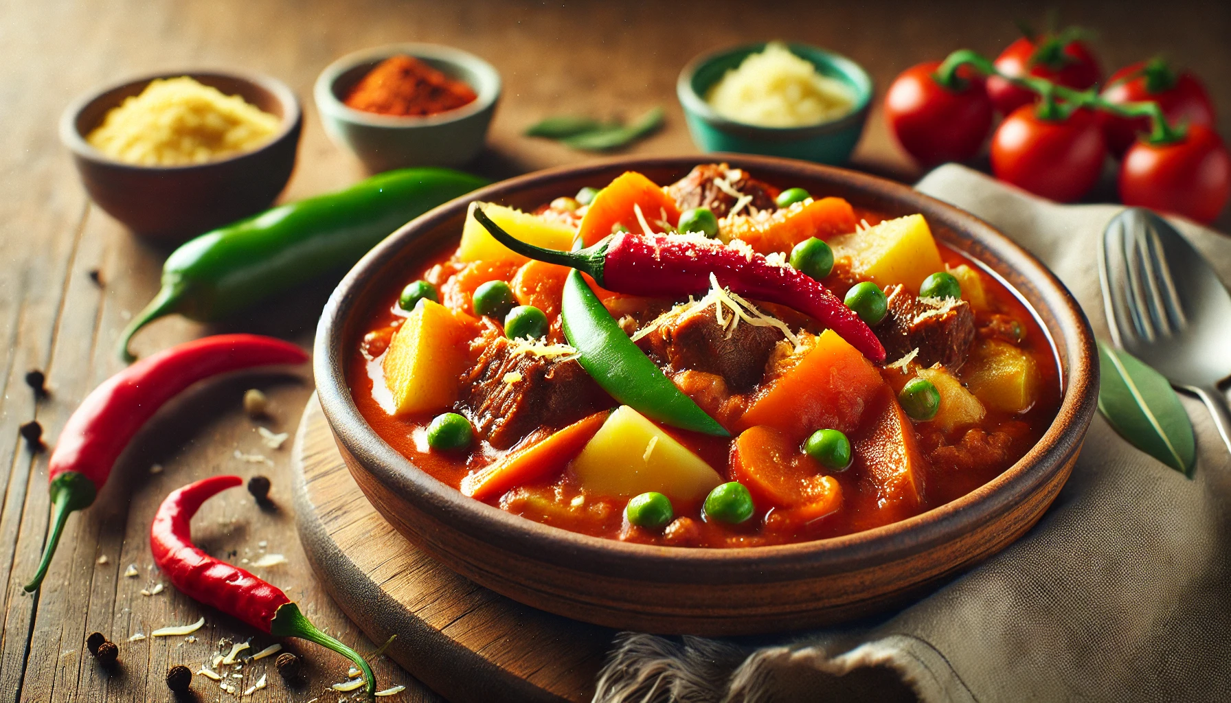 A warm and hearty bowl of Filipino-style beef caldereta, featuring tender beef chunks stewed in a rich tomato-based sauce with potatoes, carrots, green peas, and bell peppers. The dish is garnished with grated cheese and vibrant red and green chilies, adding a flavorful kick. Surrounding the bowl are fresh ingredients like tomatoes, garlic, and spices, highlighting the savory and comforting essence of this classic Filipino dish. A fork and spoon rest nearby, completing the inviting setup. 