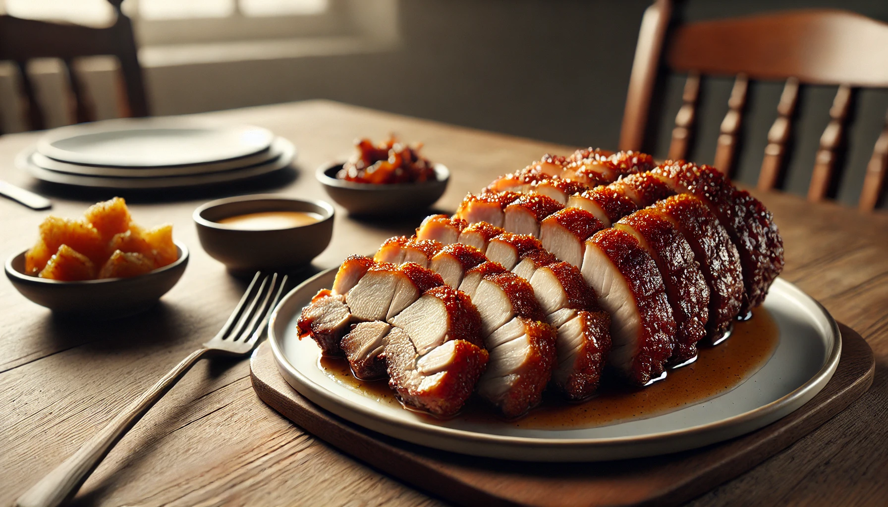 A beautifully presented plate of crispy pork belly (lechon kawali), sliced into perfectly even portions, showcasing its golden, crunchy skin and juicy meat. The dish is accompanied by dipping sauces and side dishes, including sweet and tangy accompaniments. The setting features a rustic wooden table with a fork and additional plates in the background, adding a warm, inviting atmosphere to this iconic Filipino meal. 