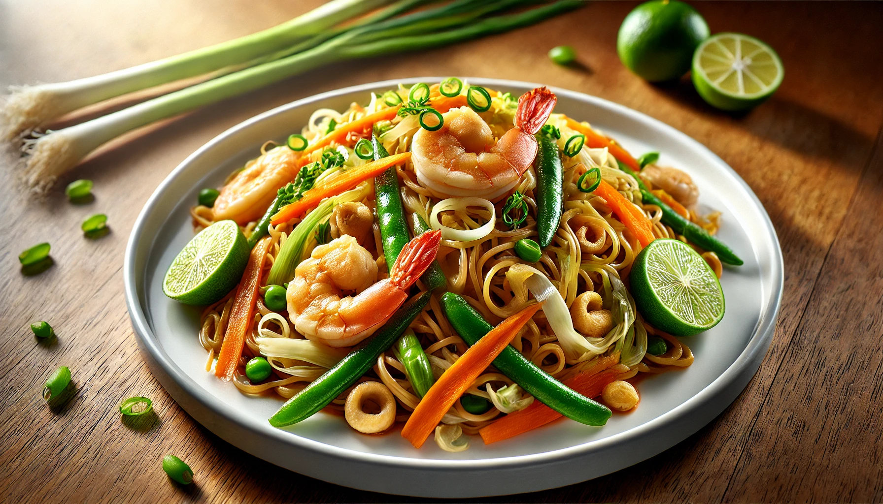 A vibrant plate of Filipino Pancit Canton, featuring stir-fried noodles topped with plump shrimp, crisp vegetables like carrots, green beans, and spring onions, and garnished with lime wedges for a zesty touch. The dish is complemented by its golden-brown sauce, giving it a savory and appetizing glow. Surrounding the plate are fresh limes and green onions, emphasizing the dish's freshness and bold flavors. 