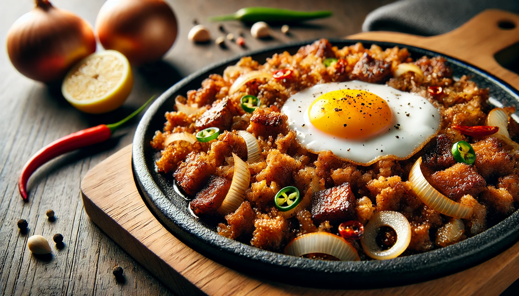 A sizzling plate of Filipino pork sisig, featuring crispy and tender pork bits mixed with sautéed onions, chili slices, and spices, topped with a perfectly cooked sunny-side-up egg. The dish is served on a hot plate, adding a smoky aroma and a delightful sizzle. Surrounding the plate are fresh onions, garlic, chili peppers, and a halved lemon, ready to add a zesty kick to this flavorful Filipino classic. 