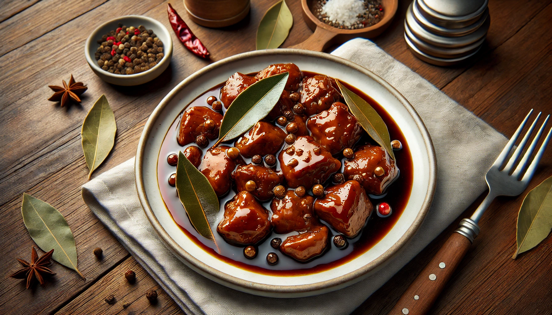 A beautifully plated dish of Filipino pork adobo, featuring tender pork chunks glazed in a rich, dark soy sauce and vinegar reduction. The dish is garnished with bay leaves and whole peppercorns, adding an aromatic touch. Surrounding the plate are spices like star anise, dried chilies, and seasoning bowls, highlighting the flavorful ingredients used in this iconic Filipino recipe. A fork rests neatly beside the dish, completing the rustic presentation. 