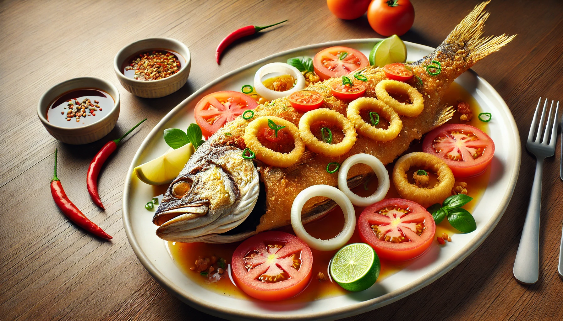 A beautifully plated crispy fried fish garnished with golden onion rings, fresh tomato slices, lime wedges, and green onions. The dish is accompanied by soy-based dipping sauces and chili peppers, adding a tangy and spicy touch. The vibrant colors and crisp textures make this Filipino-style dish an inviting centerpiece on a rustic wooden table. 