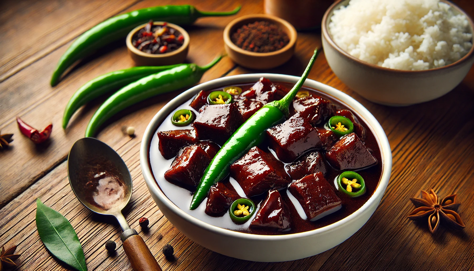 A bowl of rich and savory Filipino dinuguan, featuring tender pork cuts simmered in a flavorful stew of pork blood, vinegar, and spices. The dish is garnished with slices of green chili and topped with a whole chili for an extra spicy kick. Accompanied by a bowl of steamed rice, it is presented on a rustic wooden table with surrounding ingredients like star anise, chili peppers, and spices, highlighting its bold and aromatic flavors. Filipino Cuisine