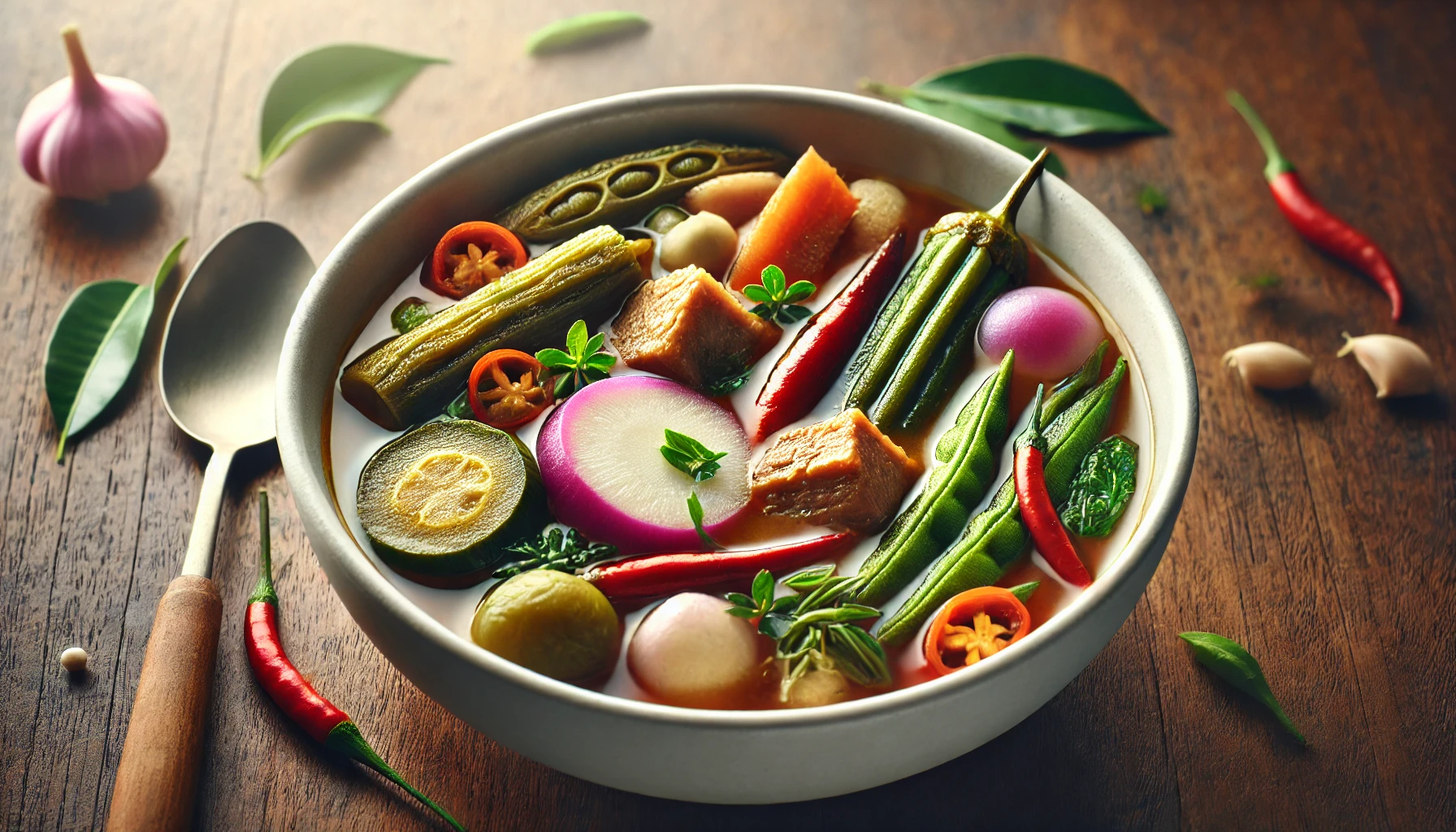 A vibrant bowl of Filipino sinigang, a sour tamarind-based soup filled with an assortment of fresh vegetables such as okra, radish, eggplant, string beans, and tomatoes, along with tender chunks of pork. The dish is garnished with fresh herbs and served alongside chili peppers and garlic cloves, highlighting its tangy and savory flavors. A wooden spoon rests beside the bowl, enhancing the rustic and appetizing presentation. 