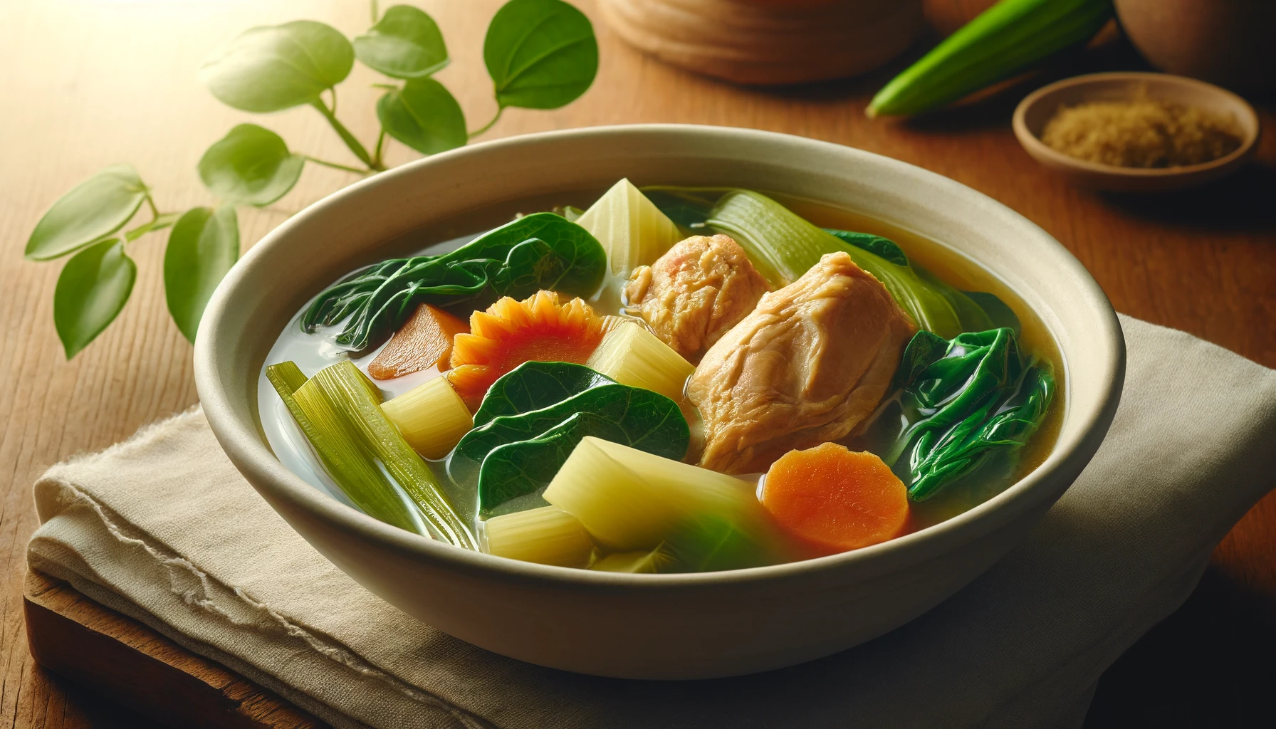 A comforting bowl of Filipino Tinola, a chicken soup with tender chicken pieces, green papaya slices, leafy malunggay (moringa) greens, and leeks, all simmered in a clear, flavorful ginger-based broth. The dish is served warm, capturing the essence of a nourishing and hearty Filipino favorite. Soft natural lighting and fresh ingredients in the background create a homely and inviting atmosphere. 