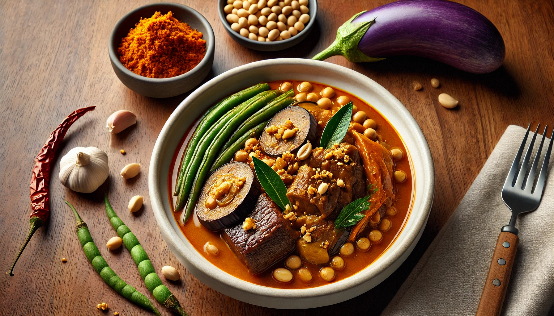 A hearty bowl of Kare-Kare, a Filipino peanut-based stew, featuring tender chunks of beef and tripe, eggplant, string beans, and banana blossoms. The dish is garnished with crushed peanuts and annatto for added flavor and vibrant color. Surrounding the bowl are essential ingredients like garlic, dried chili, peanut butter, and fresh vegetables, highlighting the traditional components of this rich and savory Filipino comfort food. A fork and napkin complete the inviting setup. 