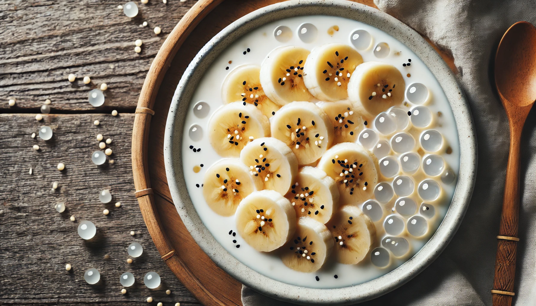 This delightful image presents Che Chuoi, a Vietnamese banana and coconut milk pudding. The dish is beautifully plated, featuring slices of ripe banana submerged in creamy coconut milk and accented with translucent tapioca pearls. Sprinkles of sesame seeds add texture and visual appeal, all set against a rustic wooden background for an inviting and homely feel.