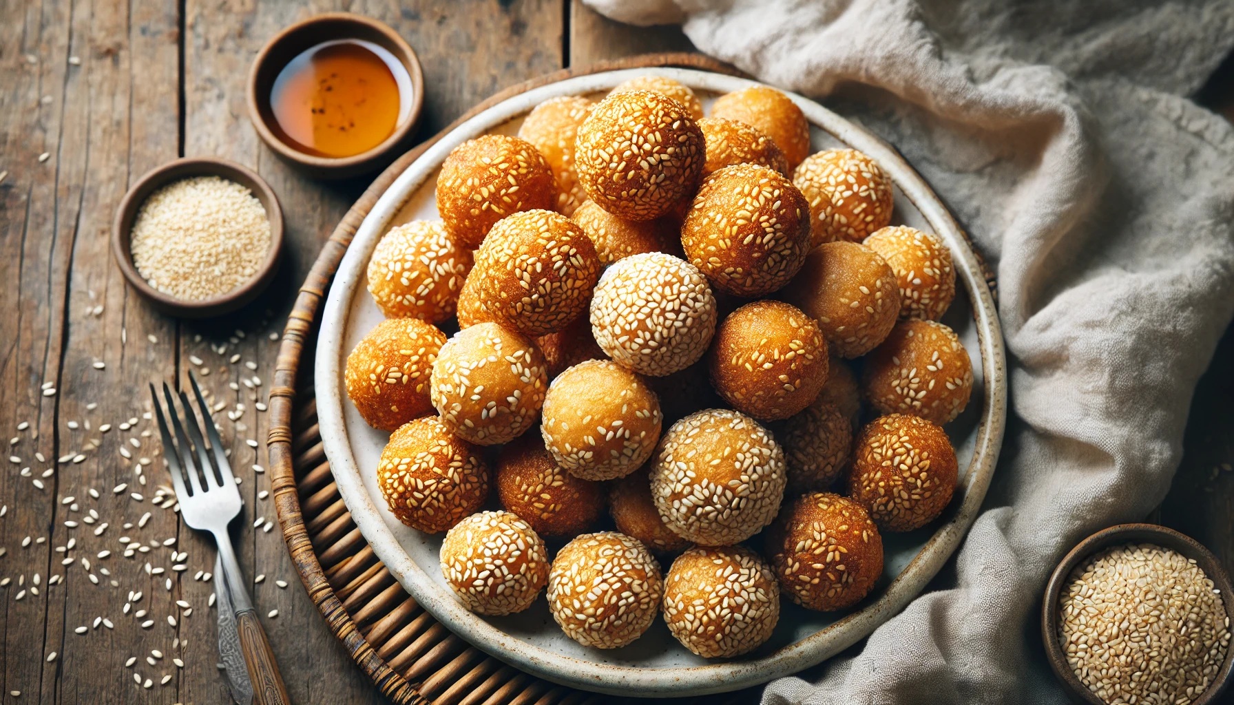 This image highlights a plate of Vietnamese Banh Cam, or fried sesame balls. The golden-brown treats are coated with sesame seeds, creating a crisp outer layer that contrasts with their soft, sweet interior. Set on a rustic wooden table, the scene includes small bowls of honey and sesame seeds, adding to the inviting and traditional presentation of this beloved dessert.