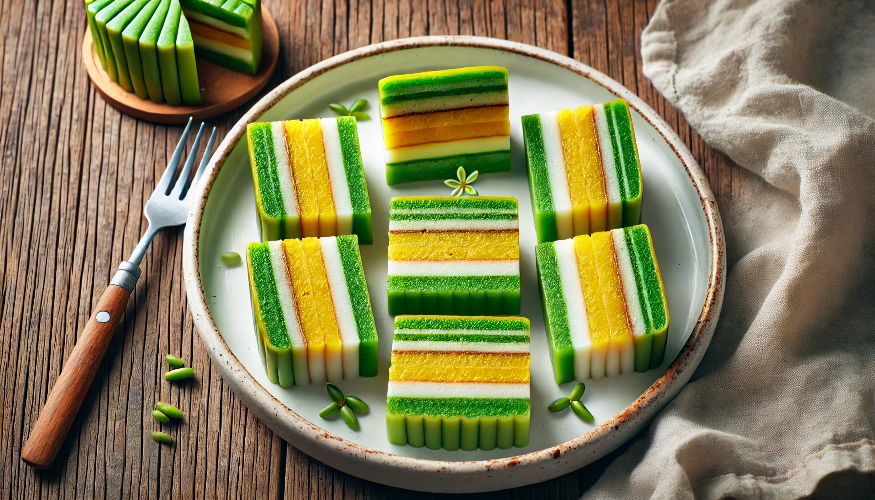 This vibrant image showcases Banh Da Lon, a Vietnamese steamed layered cake. Each piece is beautifully cut, revealing its colorful green, yellow, and white layers made from pandan, mung bean, and coconut. Set on a rustic wooden background, the presentation is clean and appealing, with a small fork placed alongside for an elegant touch.