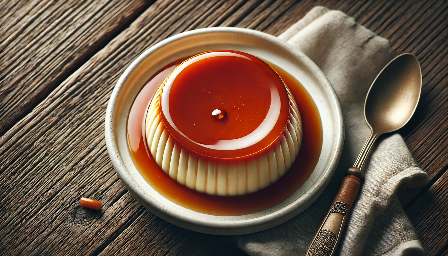 This image showcases Vietnamese Banh Flan, a silky caramel custard dessert served on a white plate. The glossy caramel sauce glistens on the flan, emphasizing its smooth texture. Set against a rustic wooden table, the presentation includes a vintage spoon, adding a touch of charm to this classic treat.