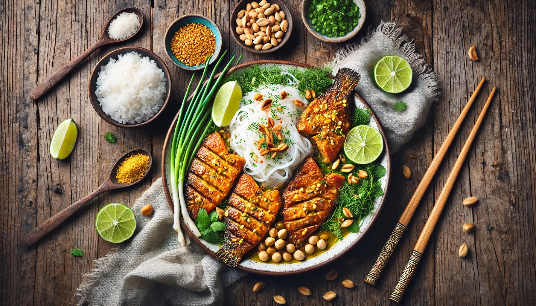 This image features a plate of Vietnamese Cha Ca La Vong, a vibrant turmeric-marinated grilled fish dish. The presentation includes golden fish fillets, fresh dill, rice noodles, and crushed peanuts, complemented by lime wedges and spring onions. The rustic wooden table setting enhances the dish's traditional and aromatic appeal, making it a feast for both the eyes and the palate.