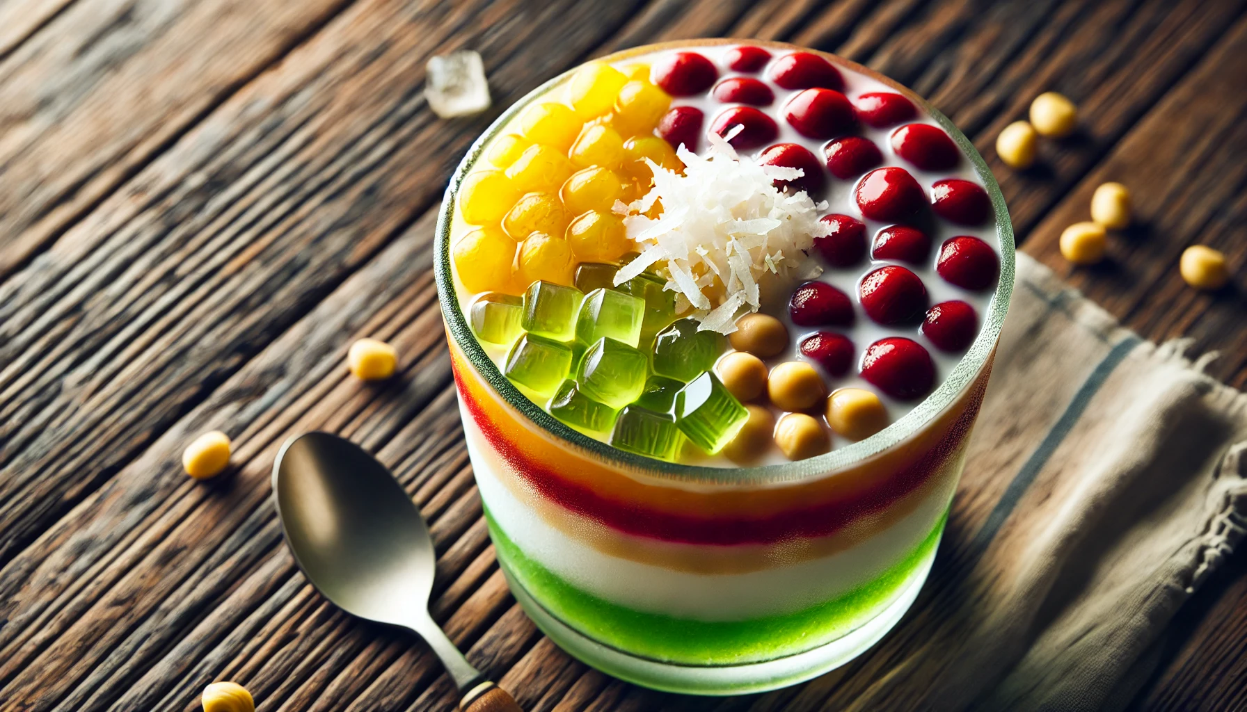 This vibrant image showcases a glass of Vietnamese Che Ba Mau, also known as three-colored dessert. The layers include red beans, green pandan jelly, and yellow mung bean paste, topped with crushed ice, creamy coconut milk, and a sprinkle of shredded coconut. Set against a rustic wooden table, the presentation emphasizes the dessert's refreshing and colorful appeal.