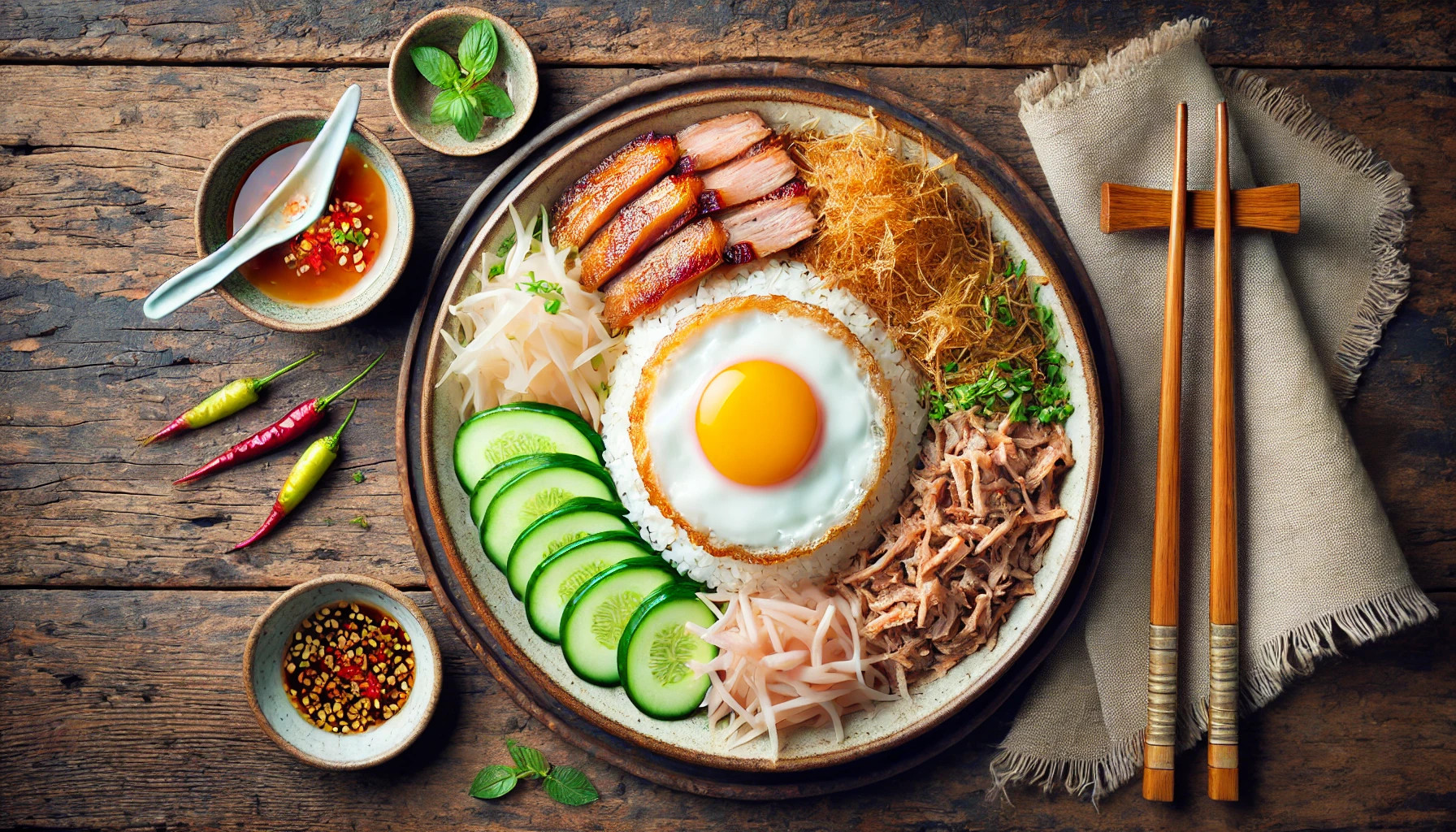 This image beautifully presents a plate of Vietnamese Com Tam, or broken rice. The dish features grilled pork, shredded pork skin, a perfectly cooked sunny-side-up egg, cucumber slices, and pickled vegetables, all served on a bed of broken rice. Accompanied by a tangy fish sauce and garnishes like chili and fresh herbs, this vibrant dish is set on a rustic wooden table, showcasing its hearty and flavorful appeal.