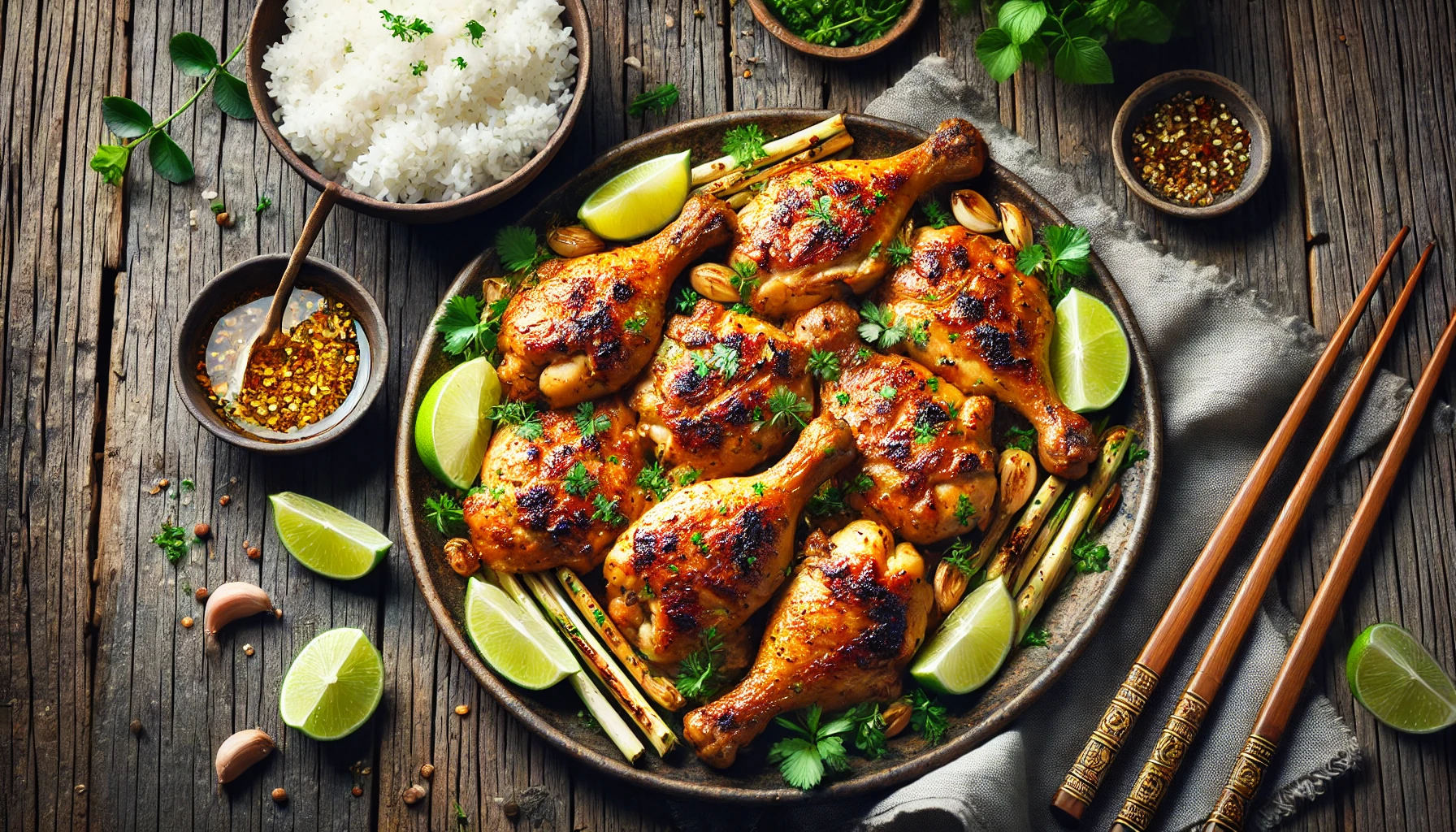 This image features a platter of Vietnamese Ga Nuong, or grilled marinated chicken, beautifully arranged with vibrant garnishes. The golden-brown chicken is paired with lime wedges, fresh herbs, and lemongrass, accompanied by a bowl of steamed rice and dipping sauce. The rustic wooden table setting adds a traditional touch, emphasizing the smoky, flavorful appeal of this dish.