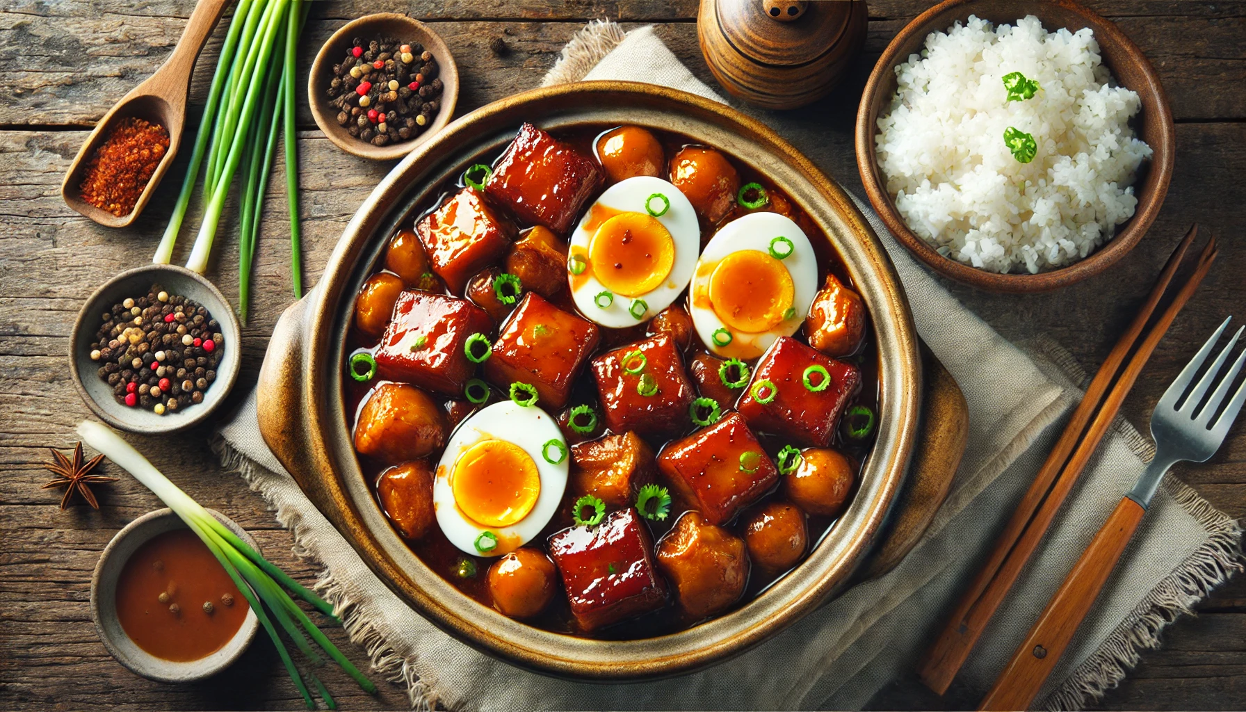 This image beautifully showcases a clay pot of Vietnamese Thit Kho To, featuring caramelized pork belly and eggs simmered in a rich, savory-sweet sauce. Garnished with green onions, the dish is paired with a bowl of steamed rice and surrounded by fresh ingredients like spring onions and spices. The rustic table setting highlights the comforting and flavorful essence of this traditional Vietnamese dish.