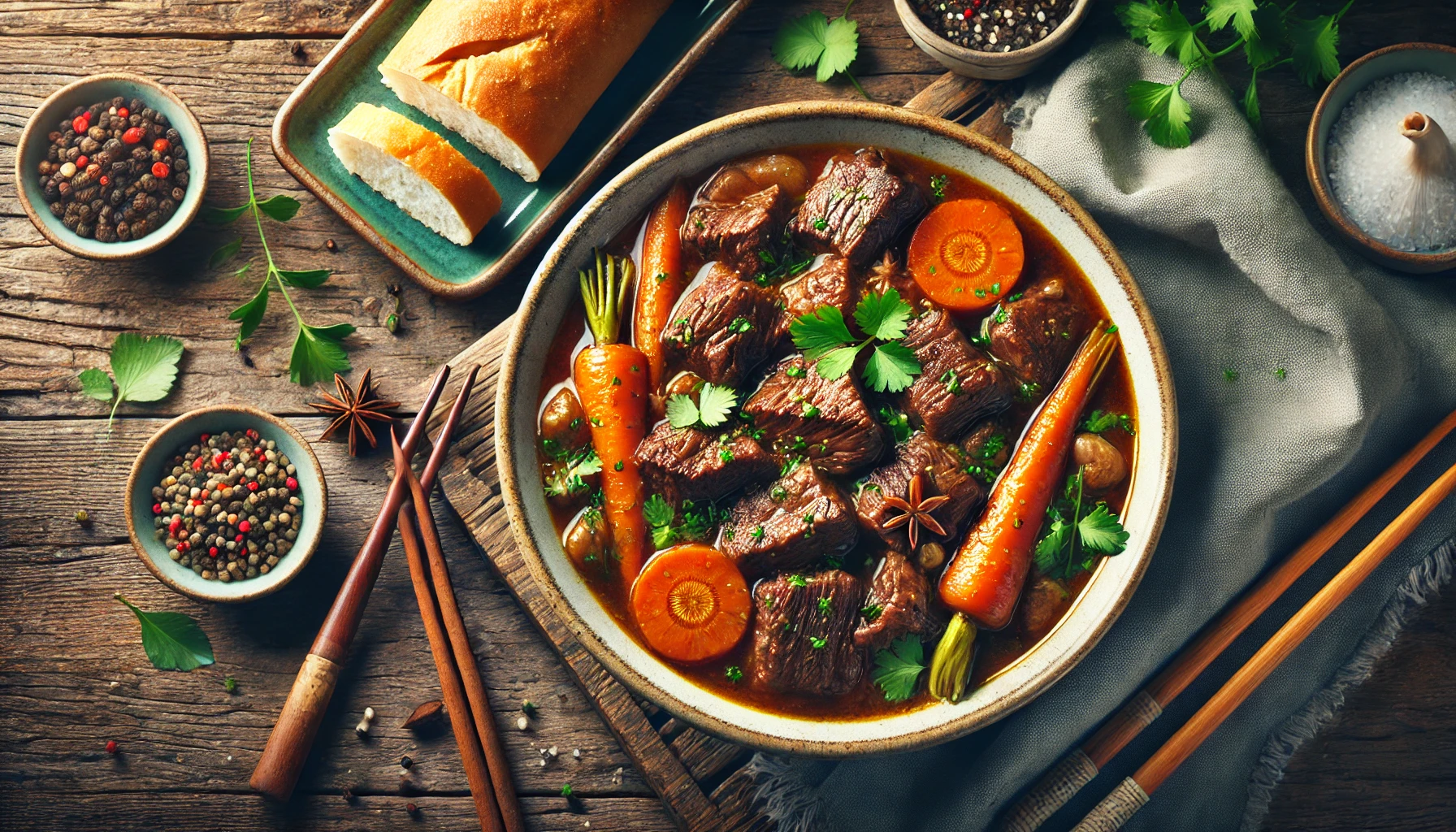 This image highlights a bowl of Vietnamese Bo Kho, a rich and hearty beef stew with tender beef chunks, carrots, and a spiced broth. The dish is garnished with fresh herbs and served alongside crusty bread, all beautifully arranged on a rustic wooden table for a warm and inviting presentation.