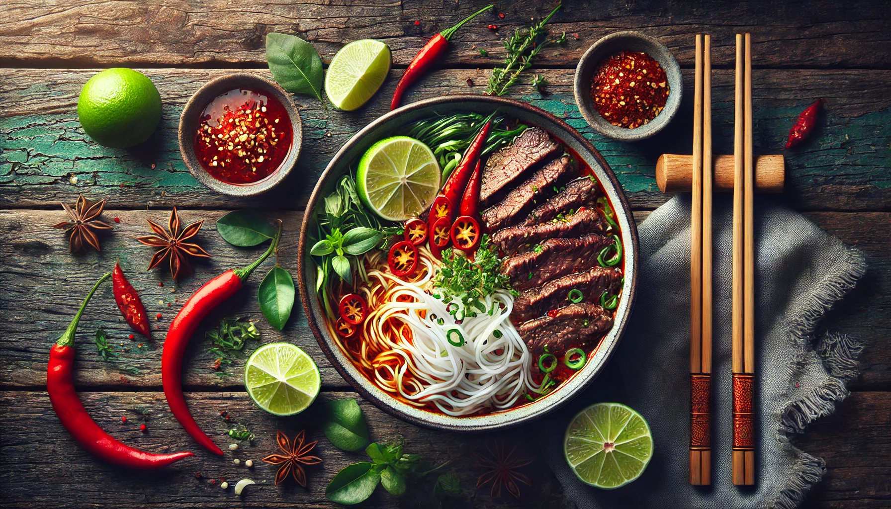 This image beautifully showcases a bowl of Vietnamese Bun Bo Hue, a spicy beef noodle soup. The dish features rice noodles, tender beef slices, and a rich, aromatic broth, garnished with fresh herbs, lime wedges, chili slices, and vibrant red peppers. The rustic wooden table adds a traditional and inviting touch to the presentation.