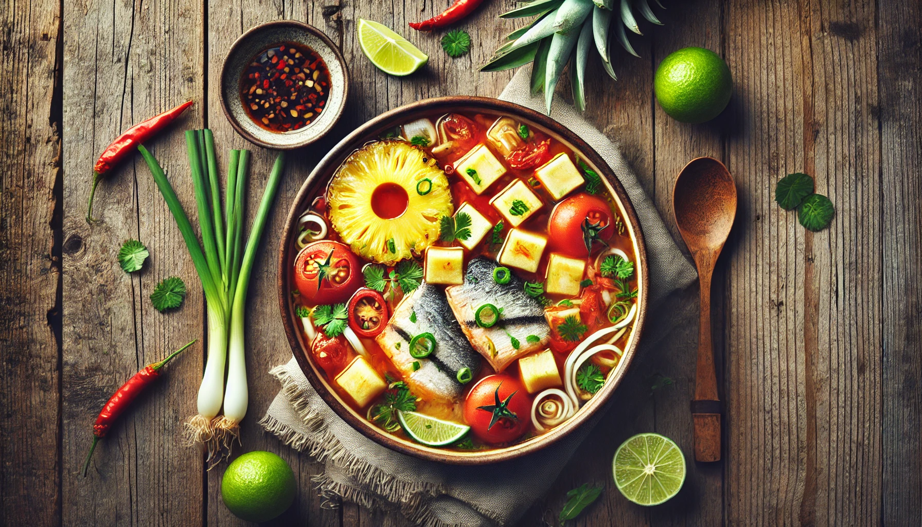 This image highlights a bowl of Vietnamese Canh Chua, a tangy and refreshing sour soup. The dish features chunks of fish, pineapple slices, tofu cubes, tomatoes, and fresh herbs in a tamarind-based broth. The vibrant ingredients are beautifully presented on a rustic wooden table, accompanied by garnishes like lime and chili, creating an inviting and colorful representation of this classic dish.