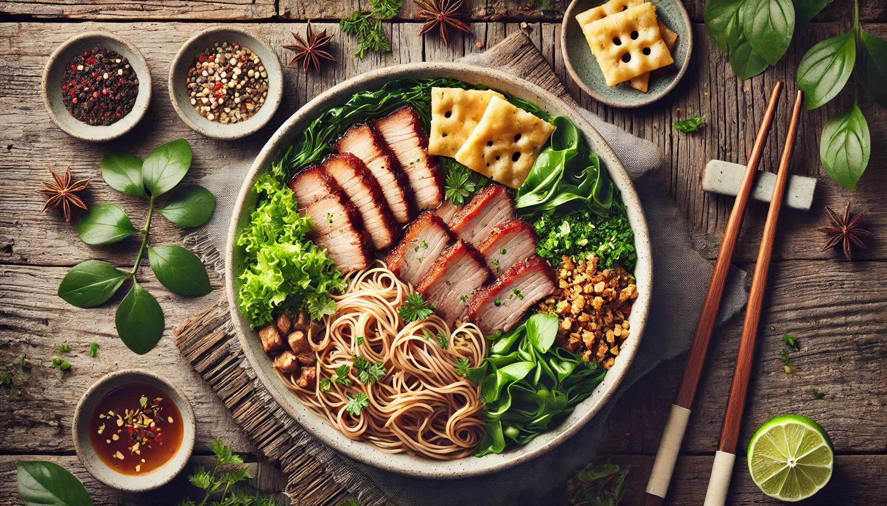 This image beautifully highlights a bowl of Vietnamese Cao Lau, featuring chewy noodles, slices of savory pork, fresh greens, and crispy crackers. The vibrant presentation, set on a rustic wooden table with traditional garnishes and chopsticks, showcases the regional flavors of Hoi An in an enticing and appetizing way.