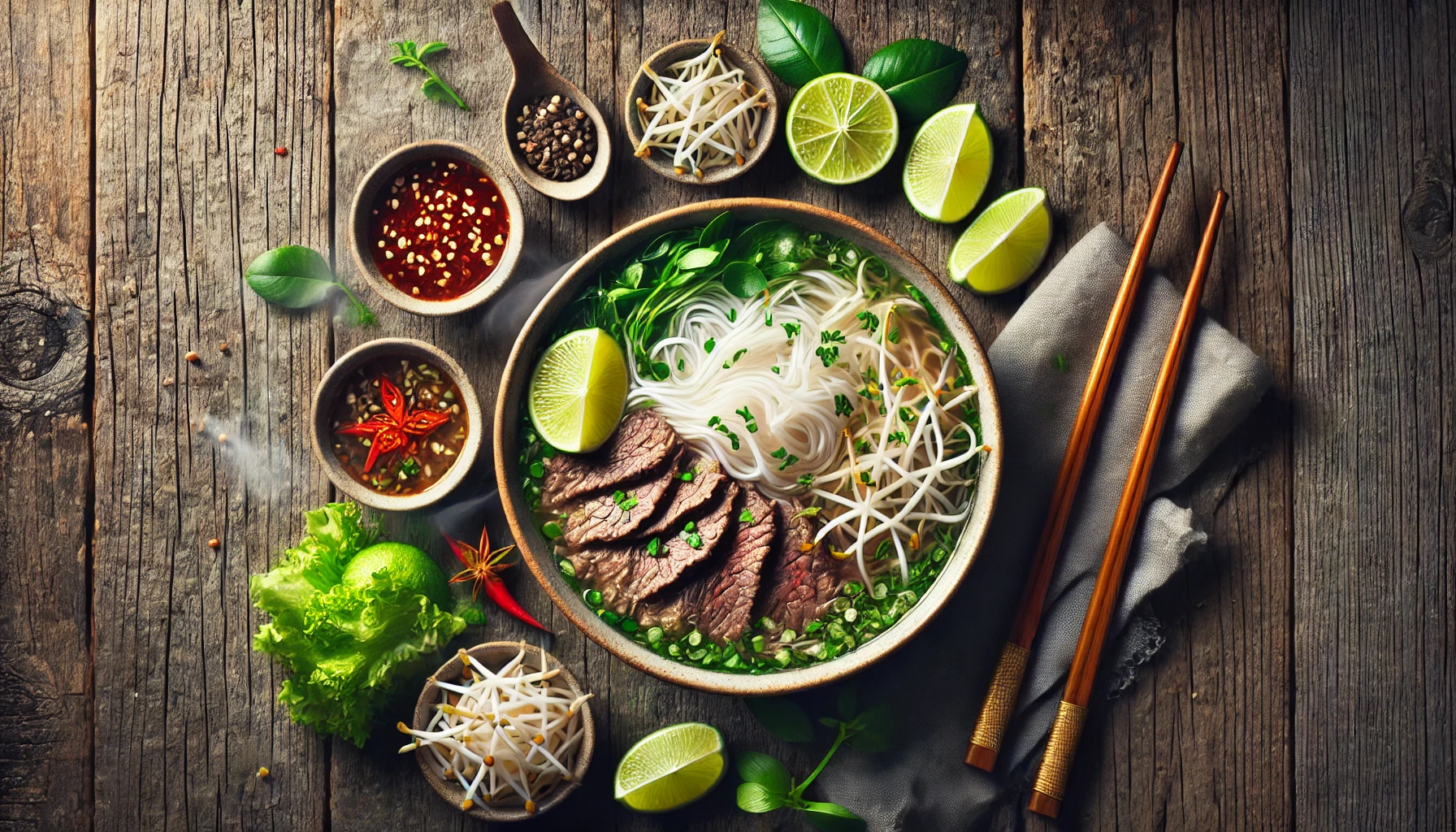 This image showcases a beautifully arranged bowl of Vietnamese Pho on a rustic wooden table. The dish features rice noodles, tender beef slices, fresh herbs, bean sprouts, and lime wedges, surrounded by small bowls of dipping sauces, spices, and garnishes, highlighting the vibrant and aromatic nature of this iconic dish.