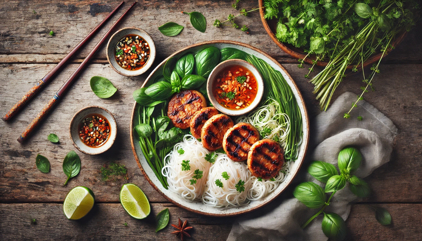 This image showcases a beautifully arranged plate of Vietnamese Bun Cha. The dish includes grilled pork patties, fresh herbs, vermicelli noodles, and a small bowl of tangy dipping sauce. The presentation emphasizes the vibrant colors and fresh ingredients, set on a rustic wooden table for a traditional look.