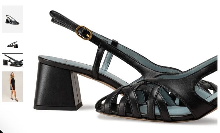 A pair of black vegan apple leather heeled sandals with straps, displayed alongside an image of a woman.