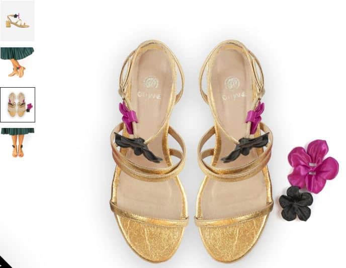 Gold heeled sandals adorned with flowers, crafted from Sofía Piñatex® vegan leather by Otijane.