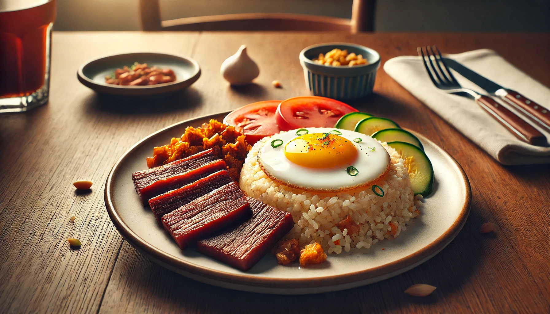 A classic Filipino breakfast plate featuring garlic fried rice topped with a perfectly cooked sunny-side-up egg, served alongside slices of sweet cured pork (tocino), sautéed corned beef, and fresh tomato and cucumber slices. The dish is complemented by small bowls of condiments and a glass of iced tea, creating a warm and inviting morning meal. The rustic wooden table enhances the cozy and appetizing presentation. 