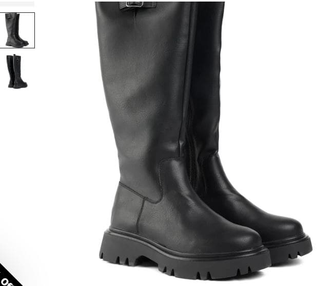 A pair of black vegan knee-high boots featuring buckles and a zipper, designed by V.GAN.