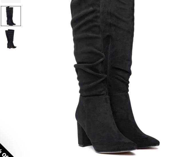 A pair of black knee-high boots with a side zipper, made of peach vegan suede by V.GAN.