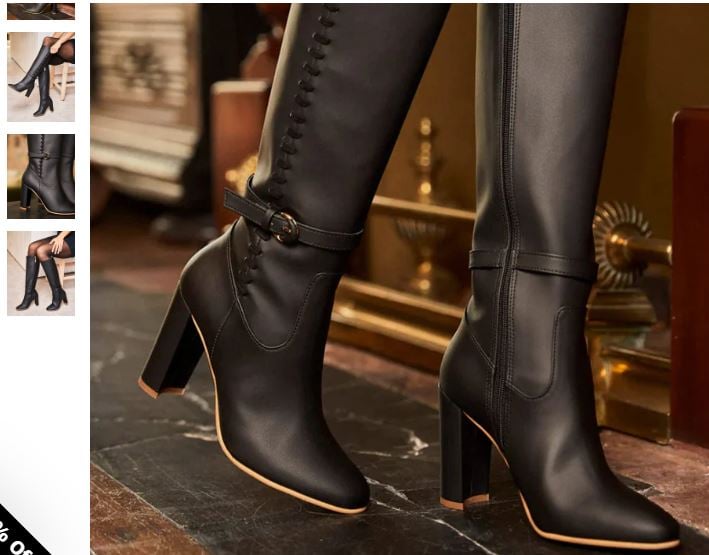 A pair of black vegan leather knee boots with buckles and heels, designed by Minuit sur Terre.