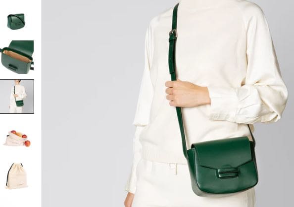 A green Vida Apple Leather Vegan Saddle Bag in ivy green displayed in various poses, showcasing its modern design by LUXTRA.