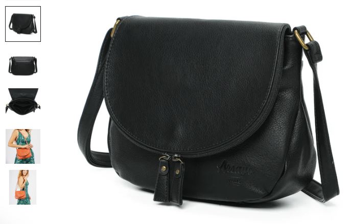 A black leather crossbody bag by Arsayo featuring a zipper and two adjustable straps, showcasing a sleek and modern design.