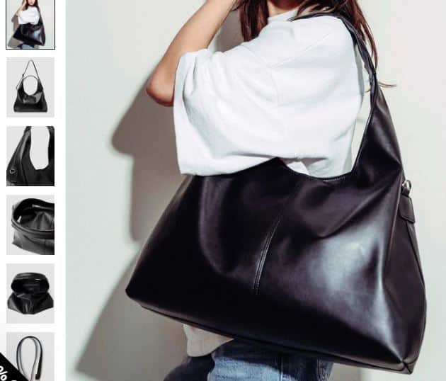 A black leather tote bag displayed with various images, showcasing the Bohema Grape Leather Vegan Slouchy design.