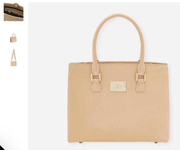 A beige handbag displayed alongside various items, featuring the Bailey MIRUM® Vegan Handbag in Caramel by Melina Bucher.