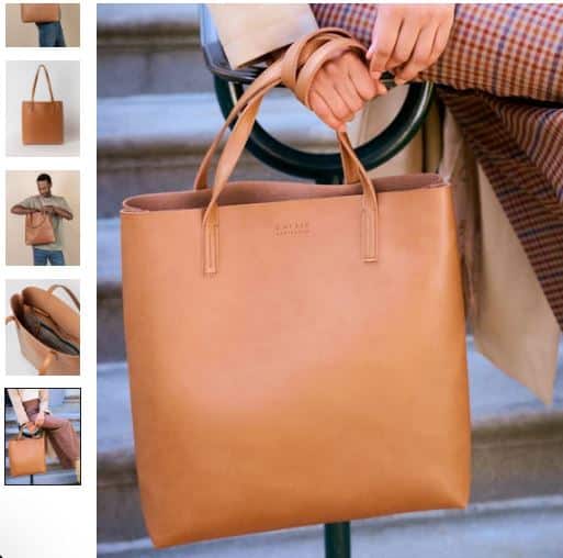 The Georgia Unisex Apple Leather Tote, a stylish brown vegan bag made from tan leather by O My Bag.