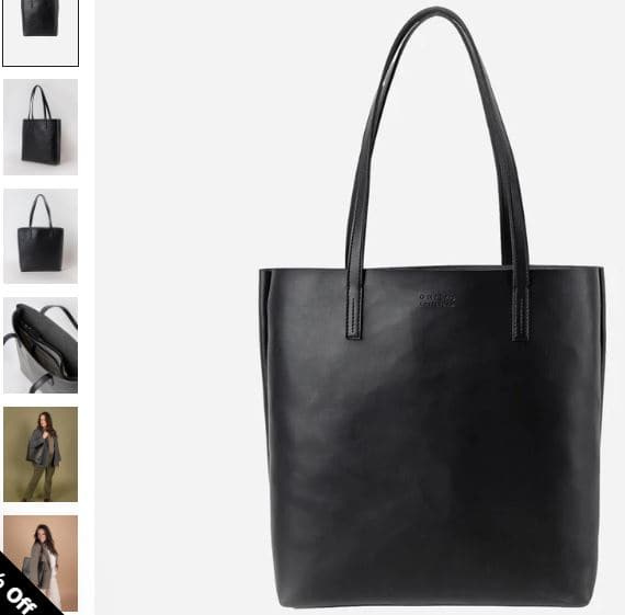 A black leather tote bag displayed alongside various images, showcasing the Georgia Unisex Apple Leather Tote by O My Bag.